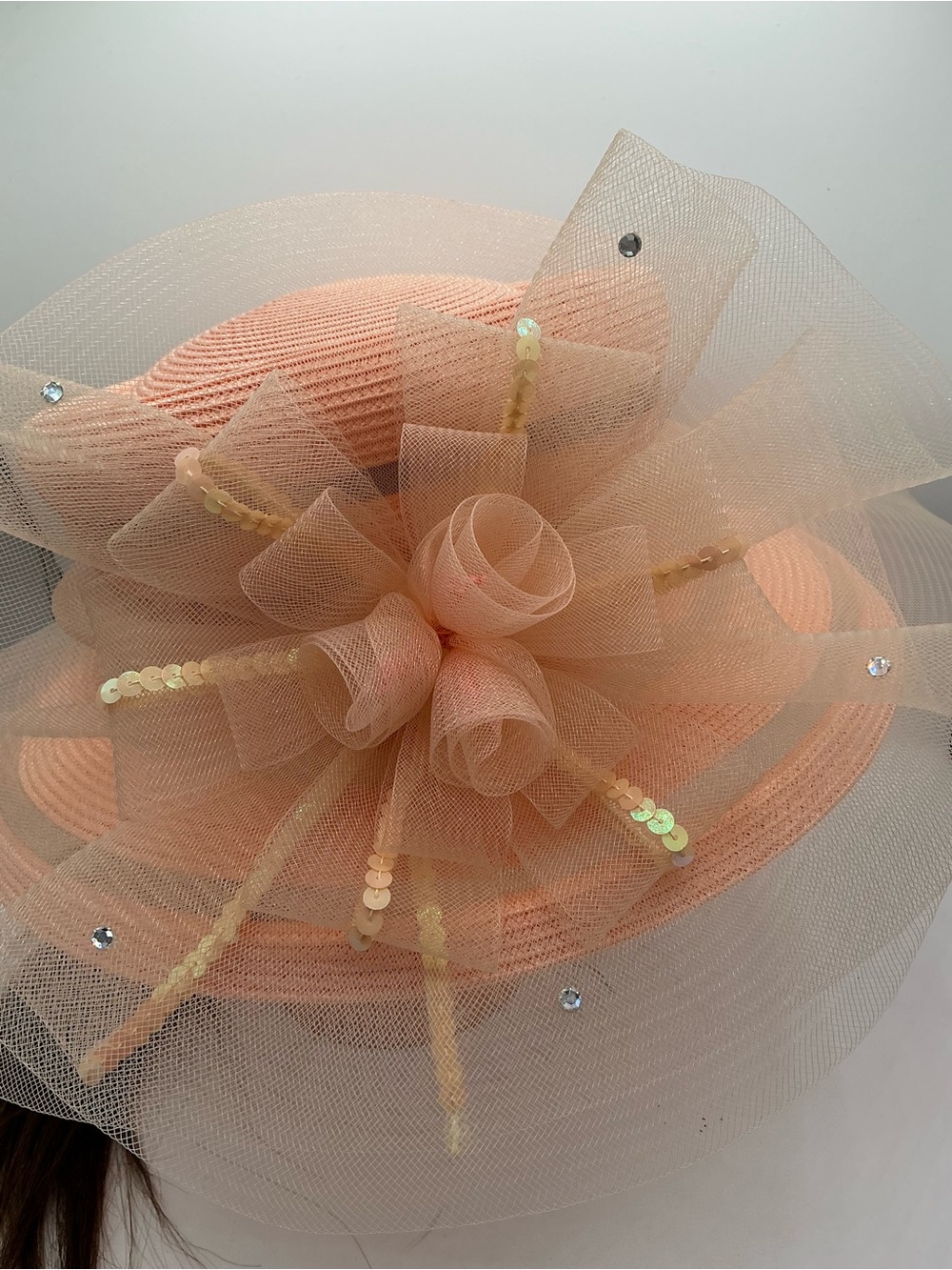Classic Peach Tulle Floral Fascinator Hat